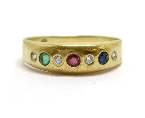 8ct marked gold ring set with ruby / emerald / sapphire / white stones - size N &amp; 1.1g total weight 