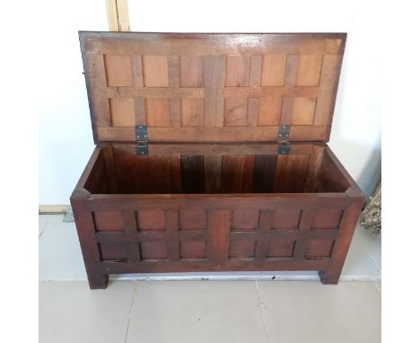 Antique style oak 12 panel coffer, on square block legs, 127 cm length, 55 cm deep, 58 cm deep, good used condition. 