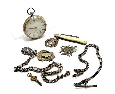 Antique silver cased pocket watch (45mm) t/w 2 silver albert chains (1 lacks ends - 26cm &amp; has silver enamel RAOB fob) + 