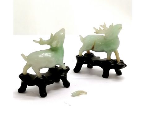 Pair of Oriental Chinese carved hand carved jade figures of stags on original wooden stands - 4cm high &amp; 1 a/f