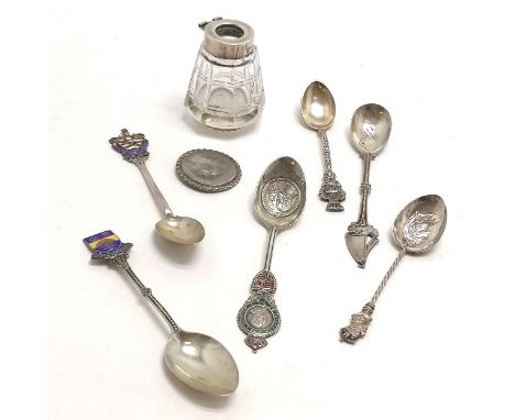6 x silver souvenir spoons inc Edward VII Owen Sound t/w silver topped inkwell (lid detached) ~ total weight (lot) 169g