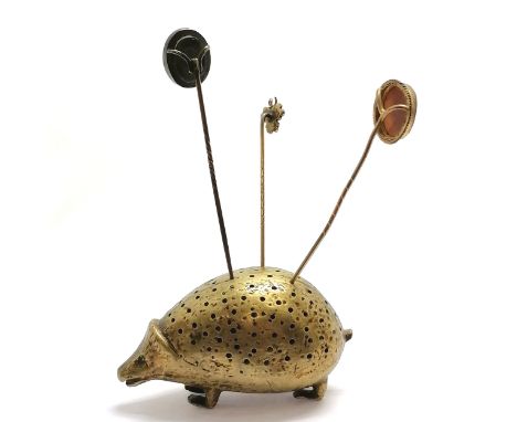 Antique novelty brass hedgehog hatpin / stickpin holder - 6.5cm long ( stick pins not included)