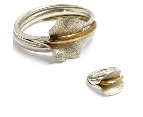 Good quality silver + gilt arum lily bangle (6.2cm internal diameter) + matching ring (size R) by A/W - 84g total weight 