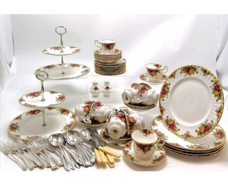 Royal Albert Old Country Roses 12 piece tea set incl 2 x 2 tier cake stands &amp; 5 dinner plates 26.5cm diameter, salt &amp;