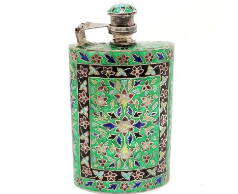 925 marked silver flask with green enamel decoration 11cm high x 6cm- 1 small dent to the body otherwise in good used conditi