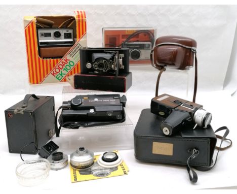 Collection of vintage cameras to include Canon auto zoom 318M, Gaf 64, Kodak Instamatic camera, Kodak EK100, Kodak Retina ref