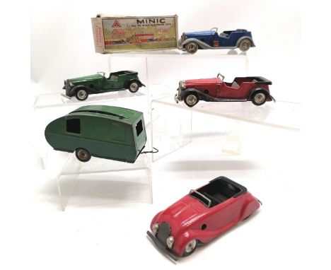 4 x Minic Tri-ang tourers - red streamline sports tourer, Vauxhall learner's car in box &amp; missing front L plate and hood 