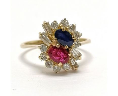 18ct hallmarked gold unusual sapphire / ruby / diamond (10 brilliant &amp; 4 tapered baguette) cluster ring - size M½ &amp; 3