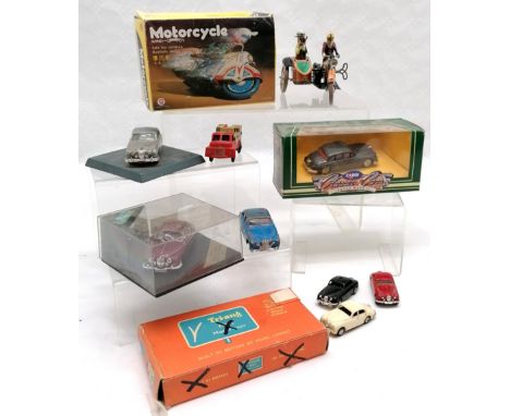 2 tin plate motorcycles (1 with sidecar) t/w Brimtoy, Corgi, Tri-ang etc 