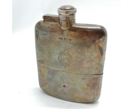 1923 silver hip flask with gilded cup by James Dixon &amp; Sons Ltd - 13.5cm x 10cm &amp; 231g ~ slight dents to top &amp; ha