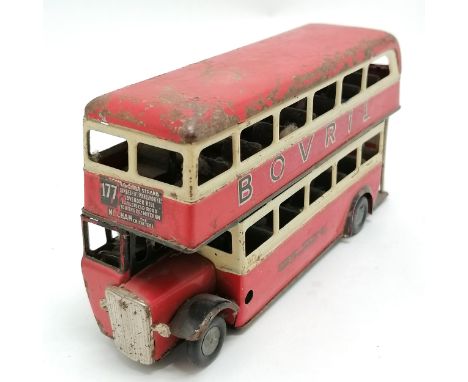 Minic Tri-ang Double decker bus #177 livery with Bovril / Ovaltine advertisements - 18cm long ~ Post-war with red roof #60M ~