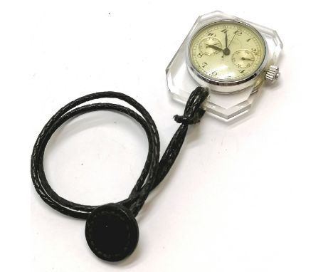 Art Deco single button flyback chronograph manual wind watch movement in perspex fob case retailed through goldsmith &amp; si