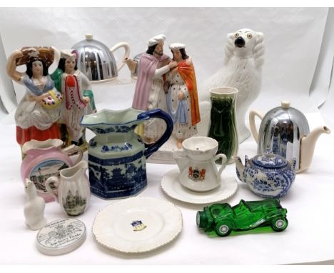 Quantity of miscellaneous items incl. 2 Staffordshire flatback figures and dog 35cm high, Art Deco Everhot 3 piece Tea set sl