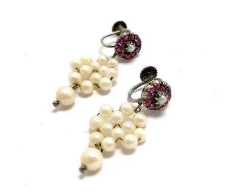 Pair of antique ruby &amp; pearl drop screw-on earrings ~ 3.5cm drop 
