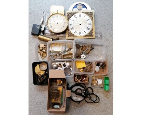 Qty of mostly carriage clock spares t/w longcase clock dial (33cm x 25cm) + parts 