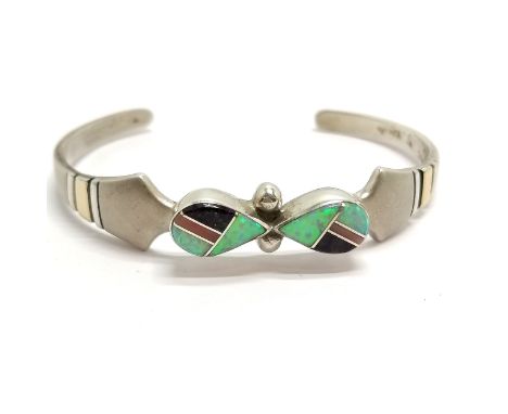 Silver bangle set with stones (inc opal) &amp; 14k gold detail - 5.5cm across &amp; 17g total weight 