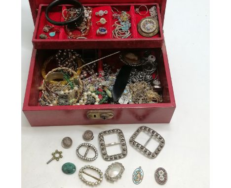 Vintage red jewellery box containing costume jewellery (some antique) inc Napoleon I clip-on earrings, snake bangle etc 