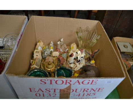 Four boxes of ceramics, glass and ornamental items, including Lilliput Lane cottages, Spode and other wall plates, model anim