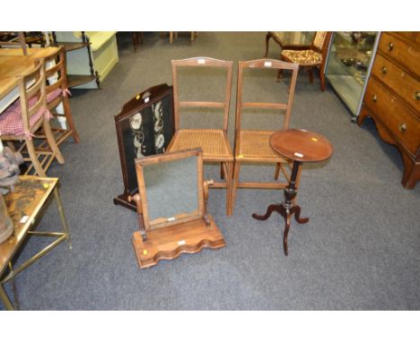 A pair of Edwardian bedroom chairs, Victorian toilet mirror, firescreen, and an occasional table.