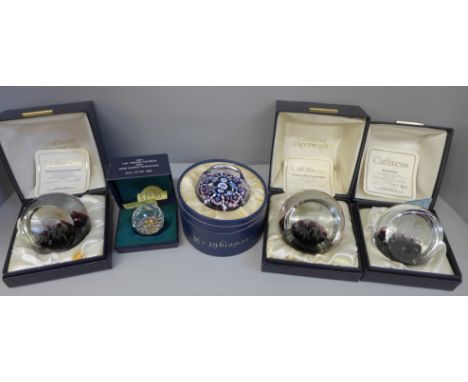Royal Family paperweights; three Caithness, one Whitefriars and one Swarovski 