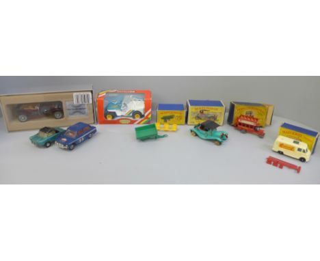 Two Matchbox Models of Yesteryear, Y-14 and No.2 and two Matchbox Series vehicles, 62 and 51, all boxed, plus Corgi, Britains