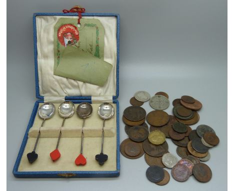 Coins including Victorian and a cased set of four cribbage spoons 