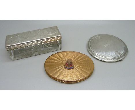 A silver Art Deco style compact, an HMS Raleigh compact and a Victorian silver topped glass pot 