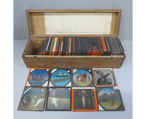 A box of approximately 100 magic lantern slides, colour stories 