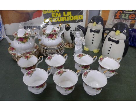 Royal Albert Old Country Roses tea ware and two Price Kensington pottery penguins, storage jar and teapot, etc.&nbsp;