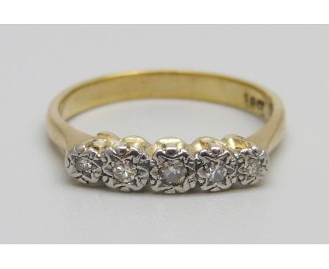 A vintage 18ct gold and five stone diamond ring, 2.7g, M 