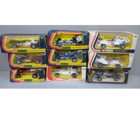 A collection of nine vintage Corgi die-cast Formula 1 model racing cars, boxed 