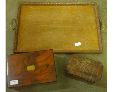 A 19th Century tea caddy, a jewellery box and a later tray **PLEASE NOTE THIS LOT IS NOT ELIGIBLE FOR POSTING AND PACKING** 