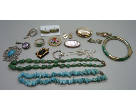 A collection of jewellery including silver, a pair of Jensen pewter cufflinks, a turquoise necklace and a malachite set bangl