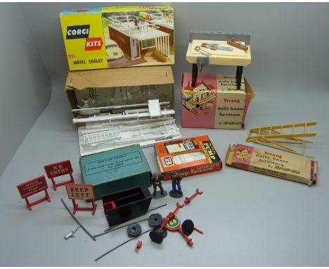 A Corgi Kits 611 Motel Chalet, two Tri-ang by Spot-On Doll's House Furniture, a Britain's petrol pump and Spot-On Small Road 