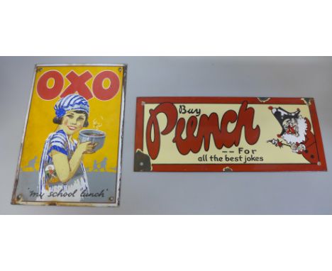 An Oxo enamel sign and a Buy Punch enamel sign 