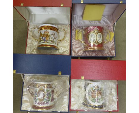 Four Spode large Royal Family loving cups, boxed 