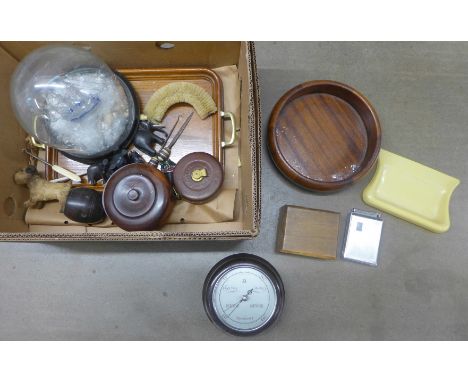 A collection of wooden items, bowls, a tray, a barometer, pots, glass, ship in dome and a lighter/cigarette case **PLEASE NOT