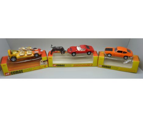 Three Corgi Toys Whizzwheels, 165, 372 and 342 Lamborghini P400 GT Miura Fighting Bull, boxed, (old shop stock) 