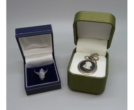 A Wedgwood pendant on a silver chain and a silver and Wedgwood ring, M, (ring chipped) 