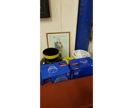 LARGE MARMITE JAR, HELLMANS JUG, PESTLE &amp; MORTAR, FLORAL BOWL &amp; PRINT