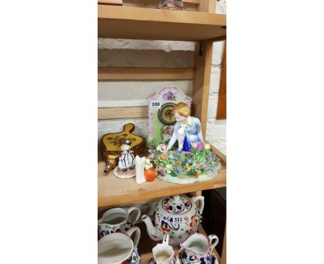 SHELF LOT TO INCLUDE CLOCK, FIGURE, BELLOWS, GOEBEL AND OTHER FIGURES