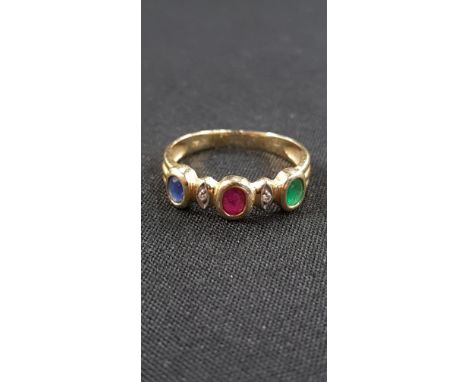 18 CARAT GOLD DIAMOND, RUBY &amp; EMERALD RING