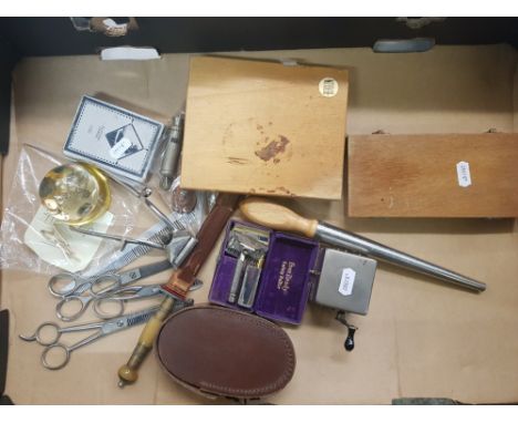 A mixed collection of collectable items to include watch makers tools, ring sizer, vintage barber equipment, leather cased wh