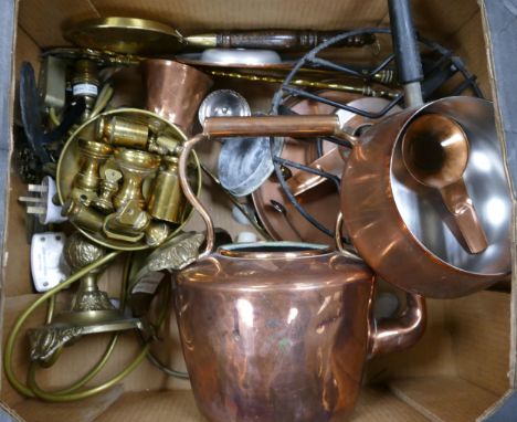 A mixed Collection of Copper &amp; Brass Ware to include Mid Century Swiss Fondue Set, Large Copper Kettle, Lamp-bases etc 