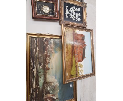 Mixed group of artwork consisting of a framed oil on canvas depicting a winter harbour scene together with an oil on board of