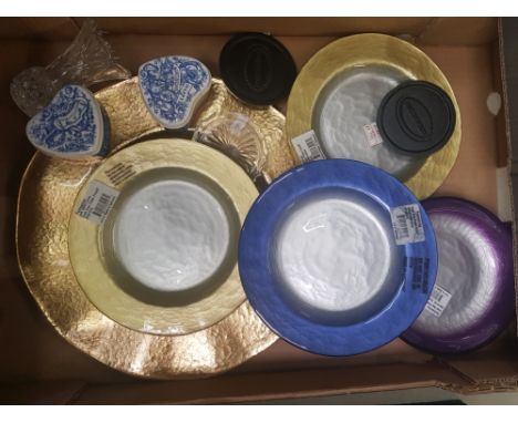 A mixed collection of items Portmerion Enamal glass platters, cast iron coasters, spode trinket boxes etc (1 tray) 