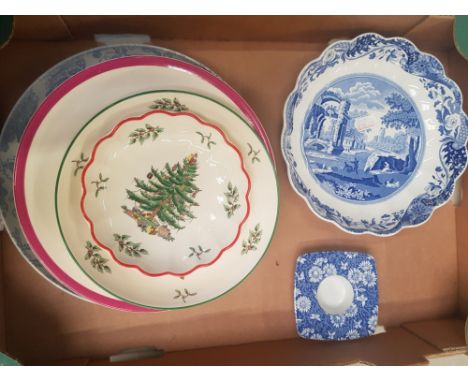 A collection of Spode Items to include 2 'Christmas Tree' plates, 2 small spode 'Christmas Tree' dishes, blue and white spode