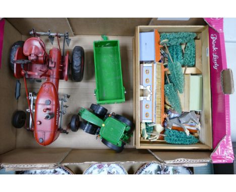 Large Tin Plate Vintage Tractor, Britains John Deere Toy Tractor &amp; trailer &amp; carved wooden farmyard accessories 