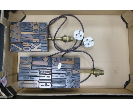 Two Wooden Decorative Lamp bases with printers block theme 