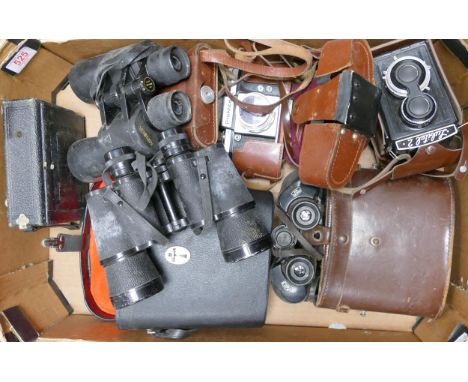 A collection of vintage binoculars and cameras to include mark scheffel, ross, minolta, praktica, etc 